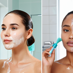 **

A split image: On the left, a woman cleanses her face with cleansing oil, emphasizing deep cleansing and makeup removal. On the right, show a variety of skin care product, focus on toner. The background depicts a bright, modern bathroom.
**