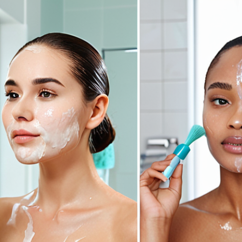 Home 4 **
A split image: On the left, a woman cleanses her face with cleansing oil, emphasizing deep cleansing and makeup removal. On the right, show a variety of skin care product, focus on toner. The background depicts a bright, modern bathroom.
**