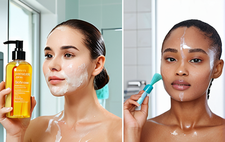 **
A split image: On the left, a woman cleanses her face with cleansing oil, emphasizing deep cleansing and makeup removal. On the right, show a variety of skin care product, focus on toner. The background depicts a bright, modern bathroom.
**