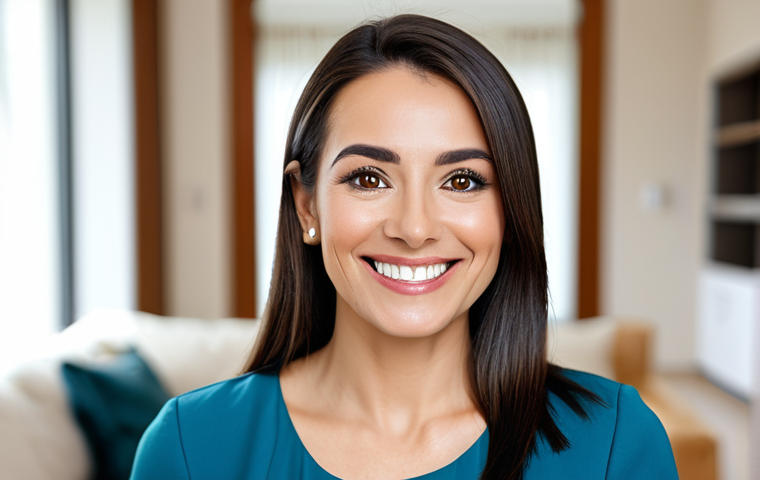 **
"A woman smiling confidently, showcasing her naturally balanced and symmetrical eyes after cosmetic surgery. She is in a bright, modern living room, fully clothed in a stylish, modest dress. The background includes soft, natural lighting and blurred details. The focus is on her face and eyes. Safe for work, appropriate content, family-friendly, perfect anatomy, natural proportions, professional photography, high quality, well-formed hands, proper finger count."
**